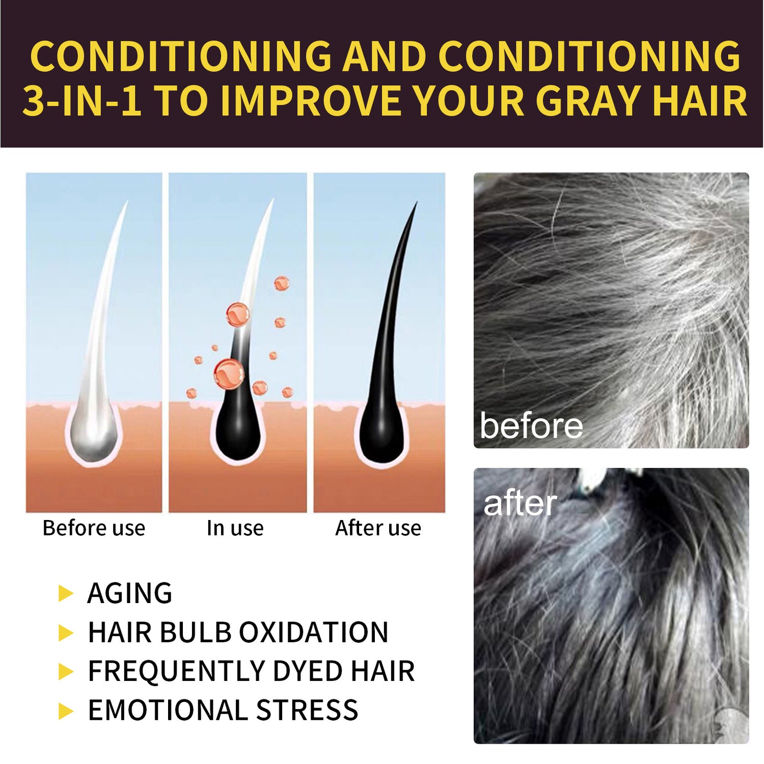 EELHOE Shampoo Tinta Preta 3 em 1