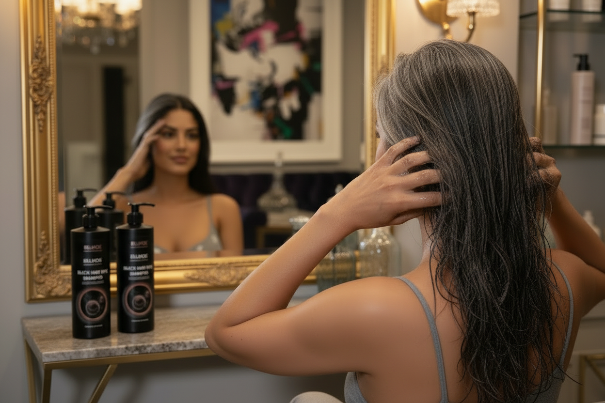 Aplicação com shampoos na bancada