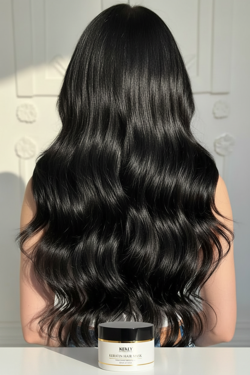 Cabelo por trás com produto em baixo - Máscara de Queratina