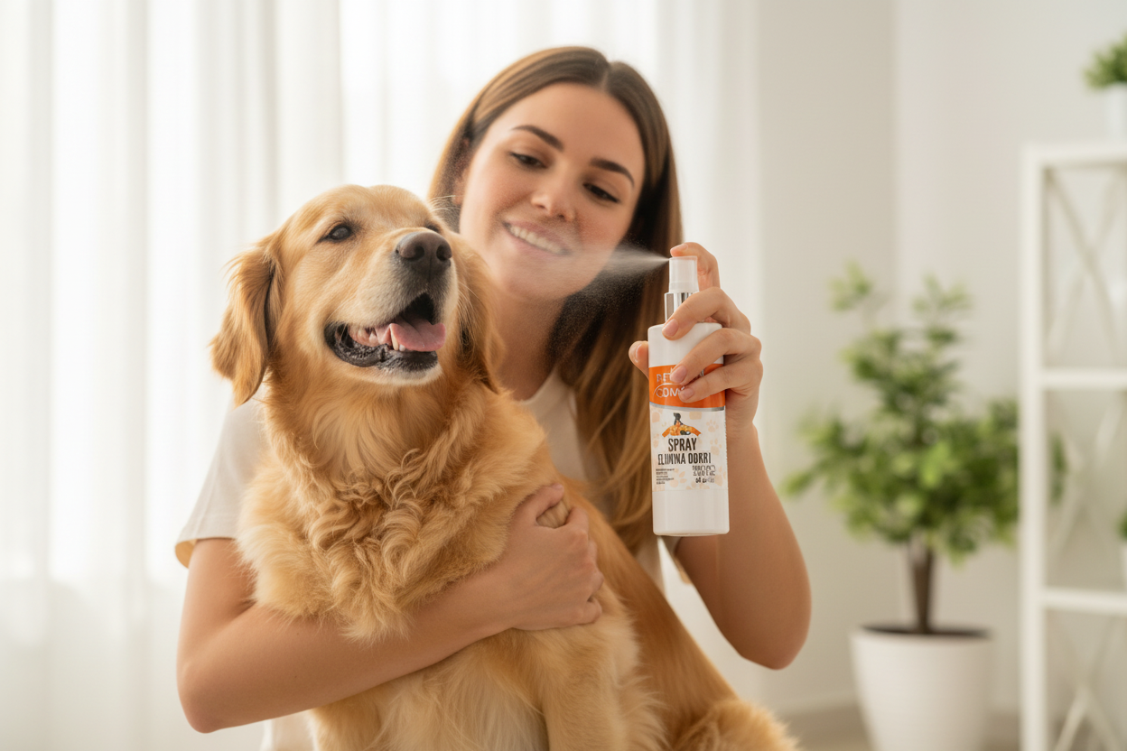 Pessoa aplicando spray no cachorro